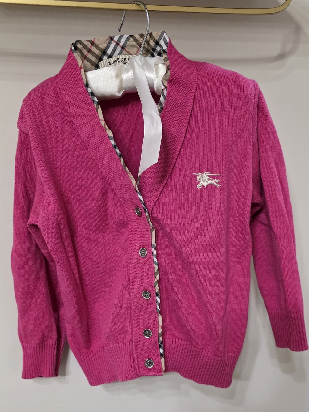 Burberry Bright Pink V‑Neck Cardigan with Signature Check Trim